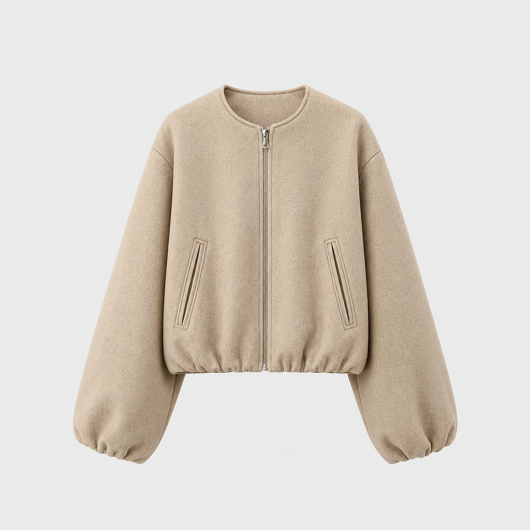 Women's Cropped Bomber Jacket in Beige, front view