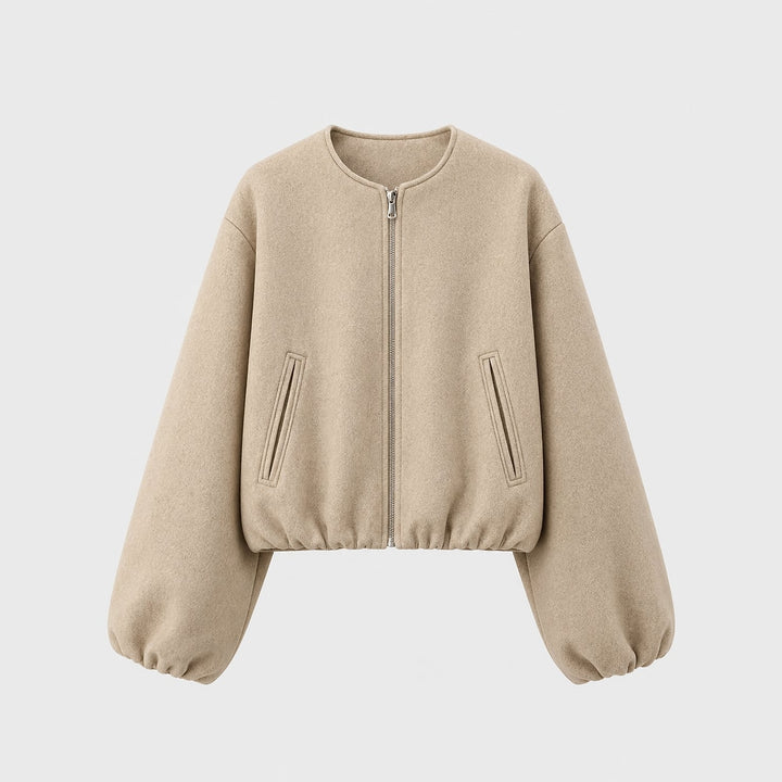 Women's Cropped Bomber Jacket in Beige, front view