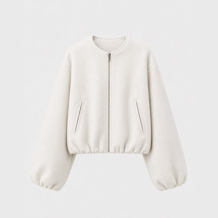 Women's Cropped Bomber Jacket in White, front view