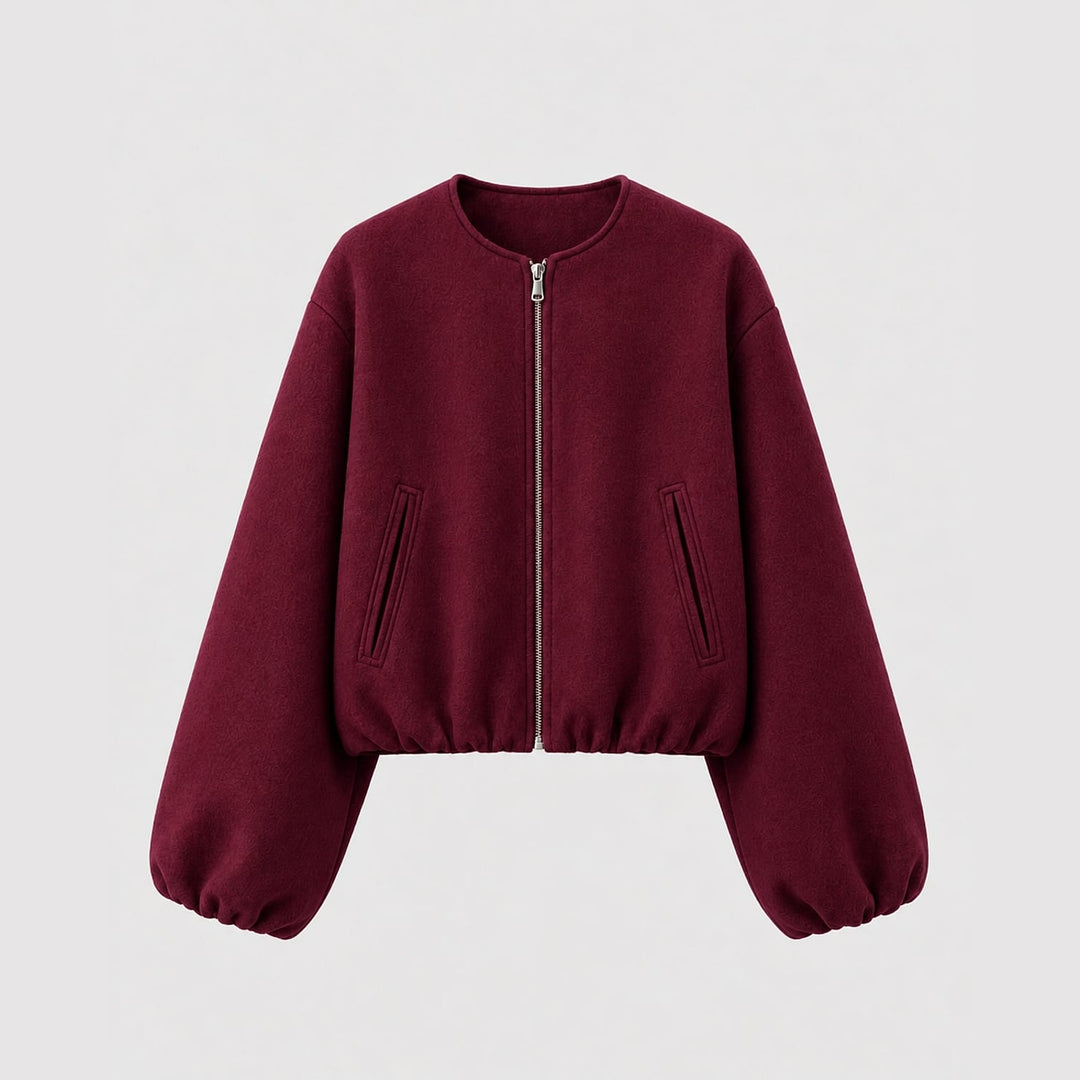 Women's Cropped Bomber Jacket in Burgundy, front view