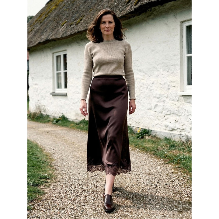 Women’s Satin Skirt in Dark Brown, front view