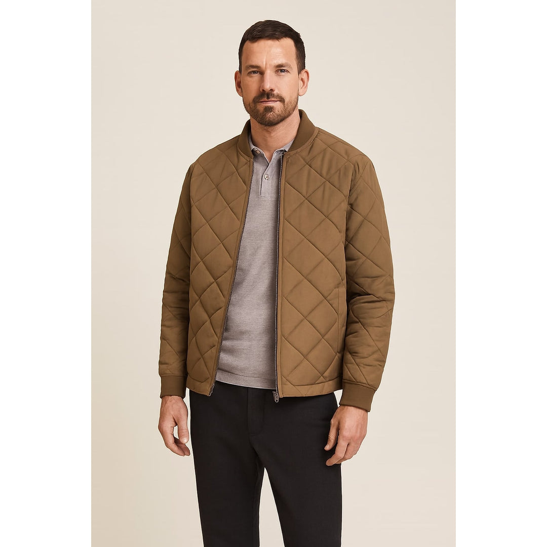 Men's Quilted Bomber Jacket in Tan, front view