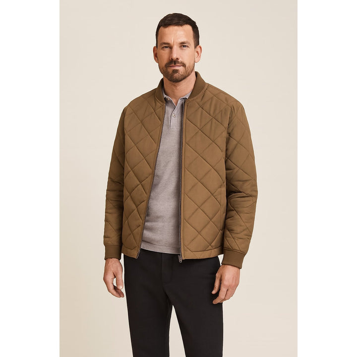 Men's Quilted Bomber Jacket in Tan, front view