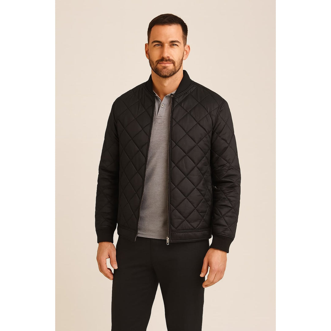 Men's Quilted Bomber Jacket in Black, front view