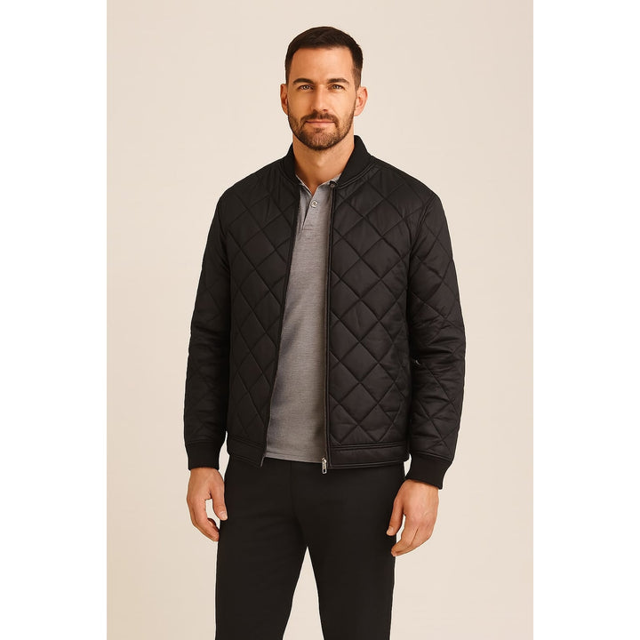 Men's Quilted Bomber Jacket in Black, front view