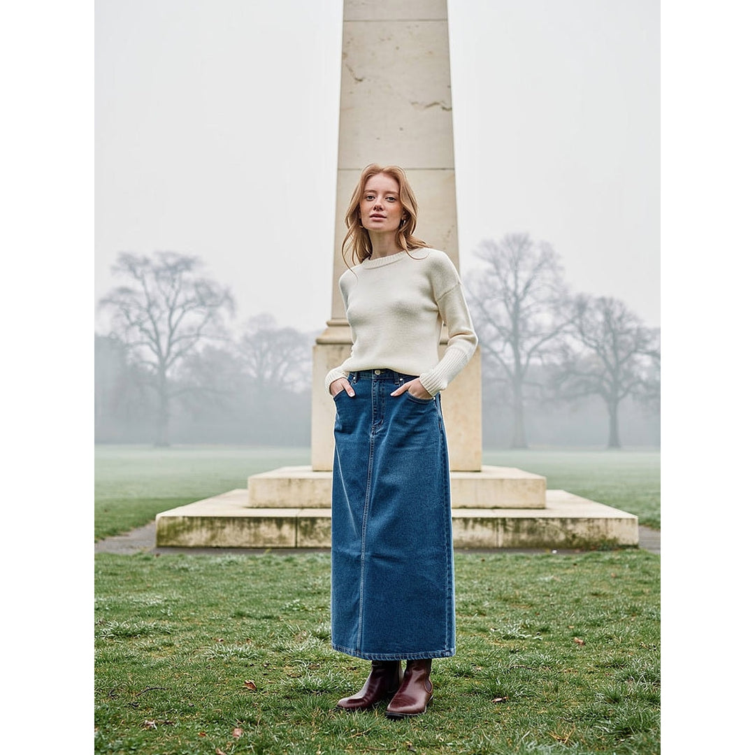 Women's Denim Maxi Skirt in Blue, front view