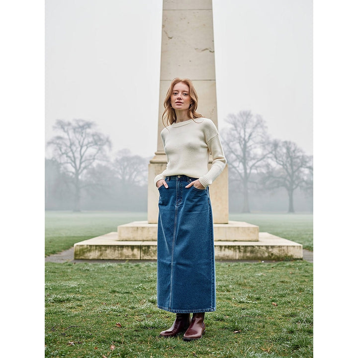 Women's Denim Maxi Skirt in Blue, front view
