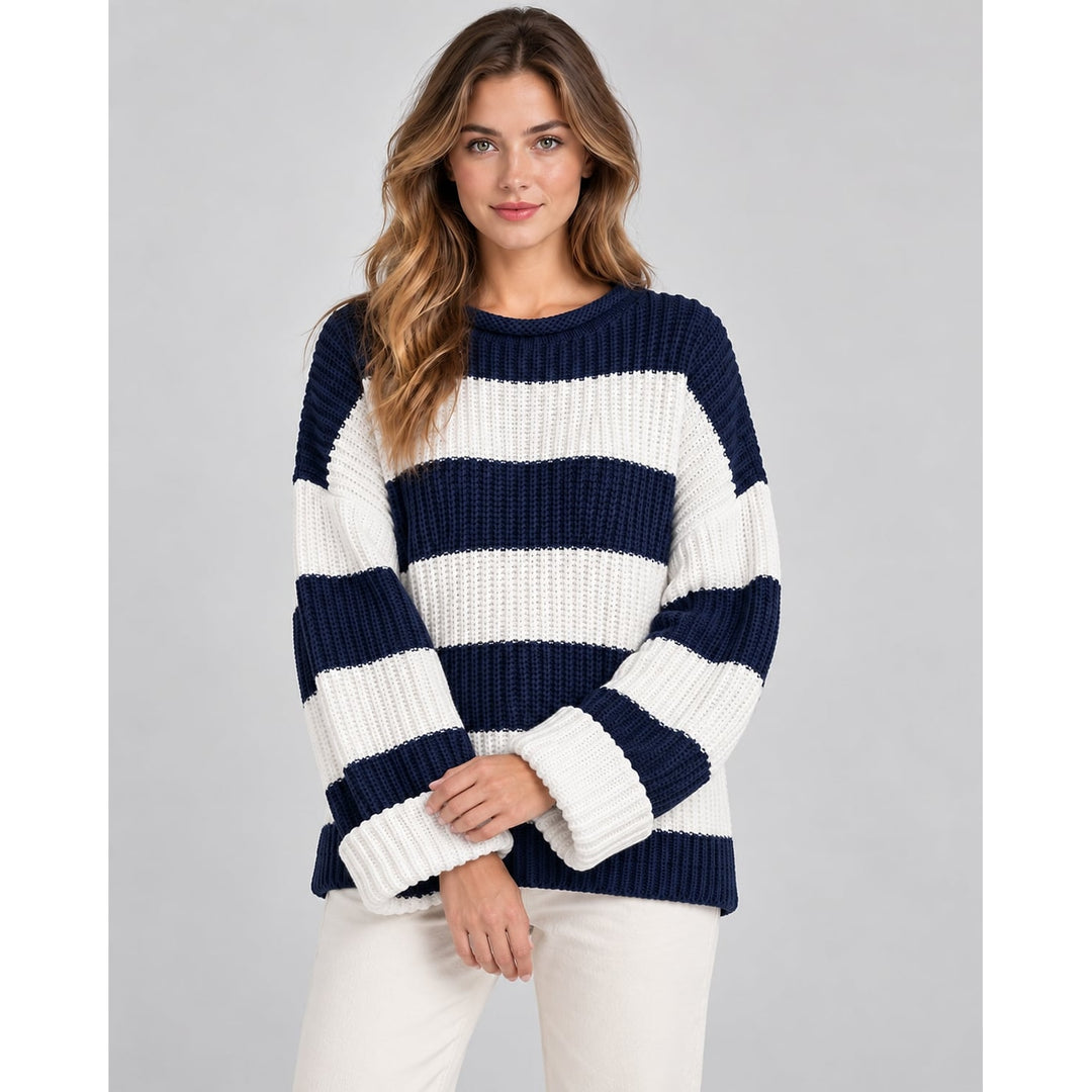 Women's Chunky Striped Sweater in Navy, front view