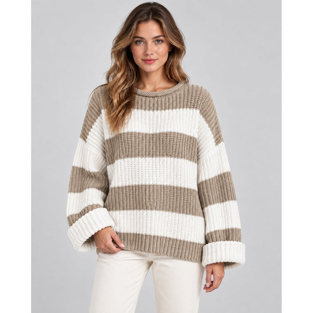 Women's Chunky Striped Sweater in Khaki, front view