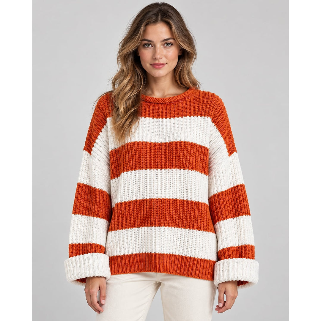 Women's Chunky Striped Sweater in Orange, front view