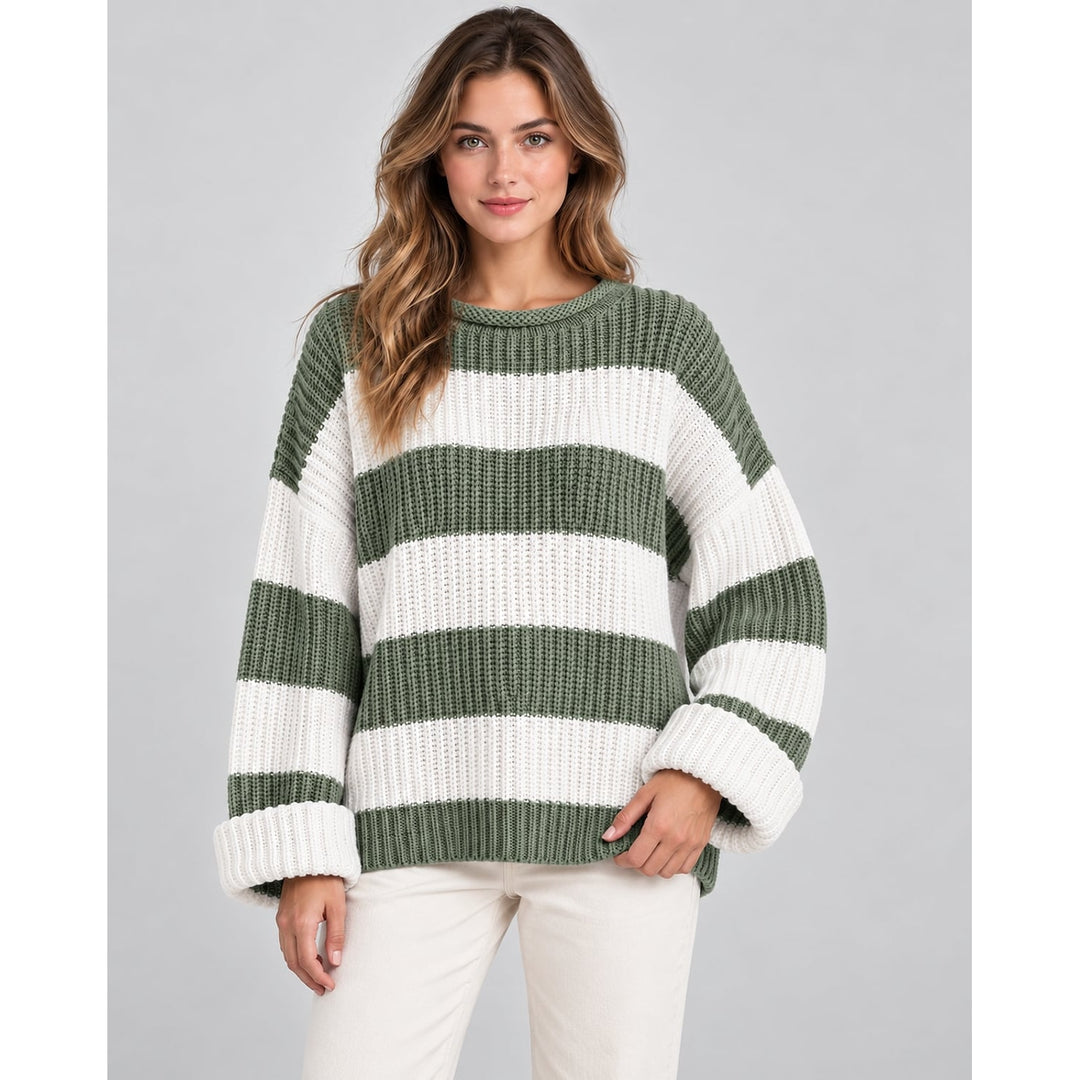 Women's Chunky Striped Sweater in Green, front view