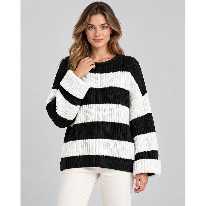 Women's Chunky Striped Sweater in Black, front view