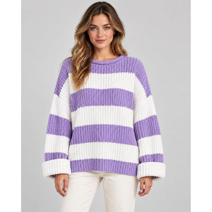 Women's Chunky Striped Sweater in Purple, front view