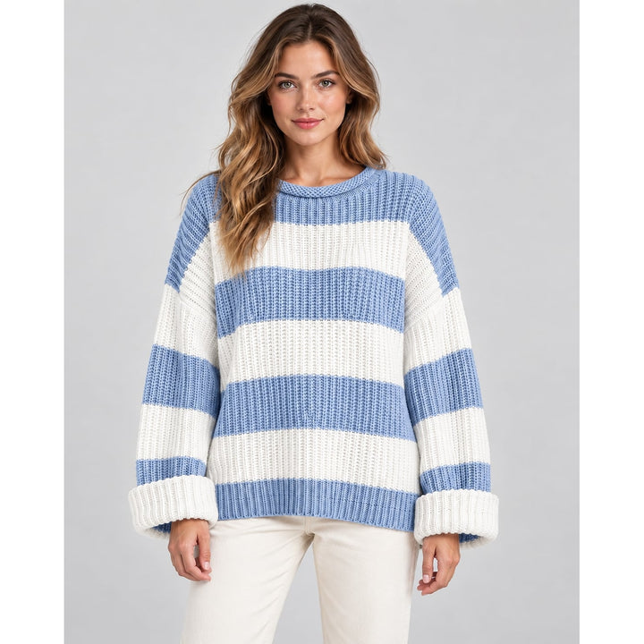 Women's Chunky Striped Sweater in Blue, front view