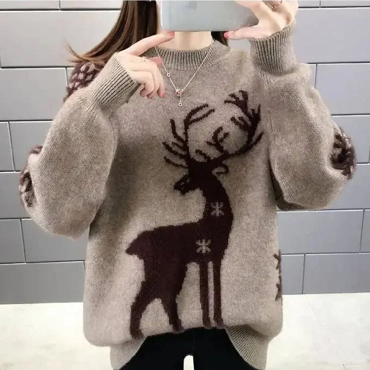 Women's Reindeer Christmas Sweater in Brown, front view