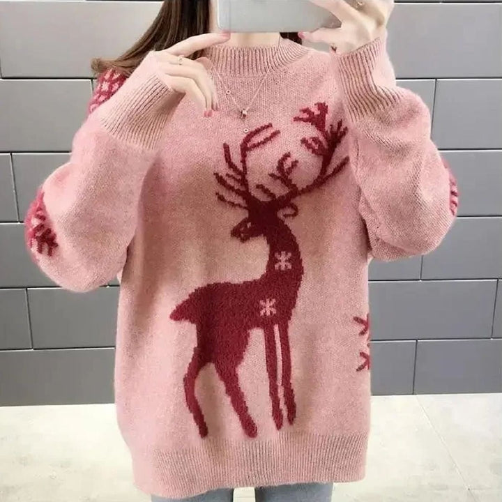 Women's Reindeer Christmas Sweater in Pink, front view