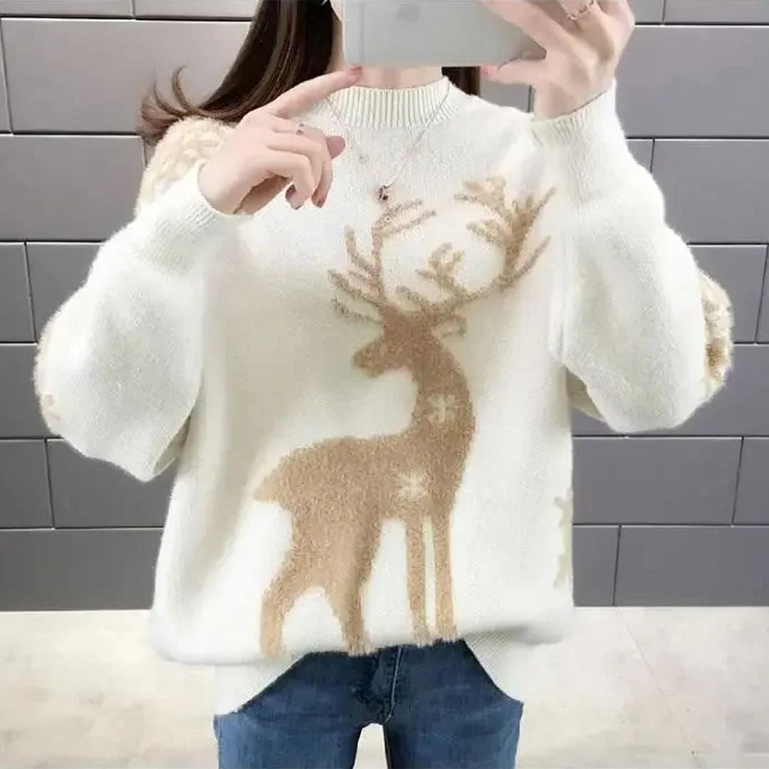 Women's Reindeer Christmas Sweater in White, front view