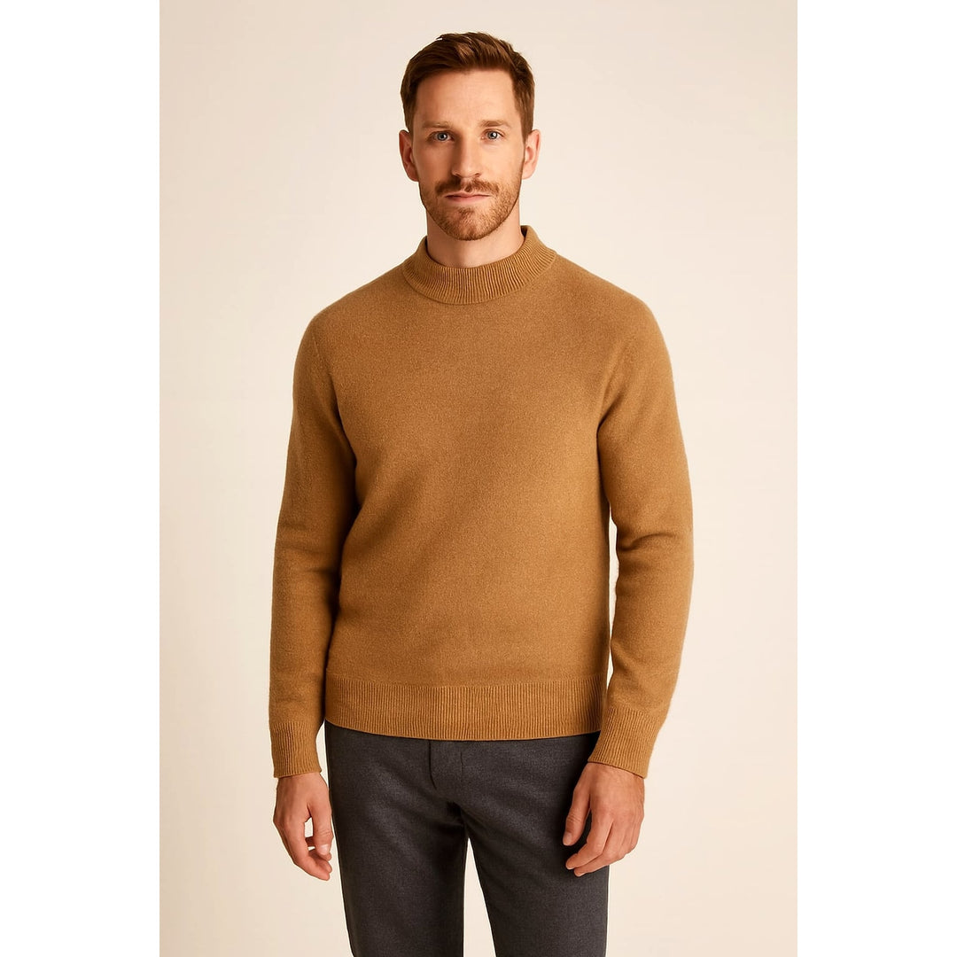 Men's Mock Neck Sweater in Camel, front view