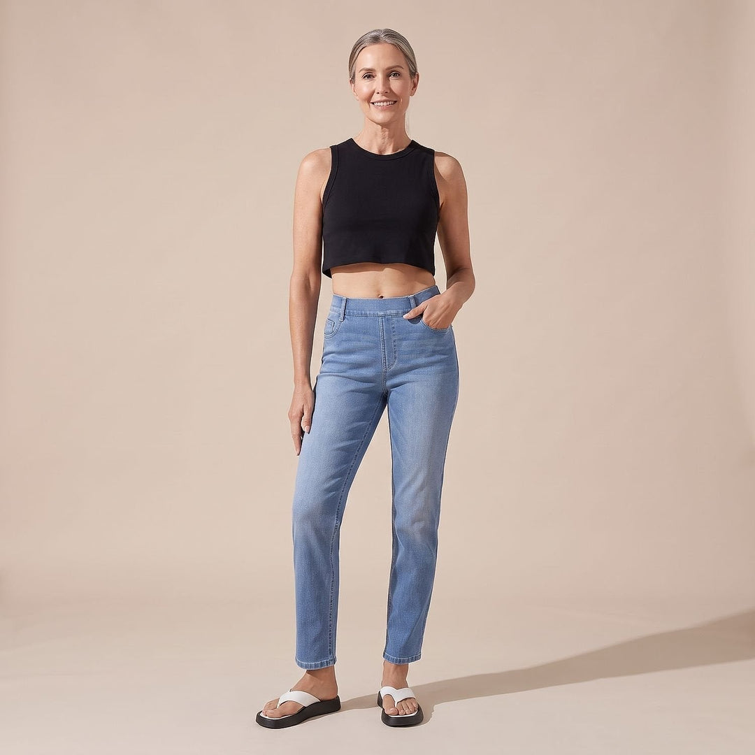 Women's Pull On Jeans in Light Blue, front view