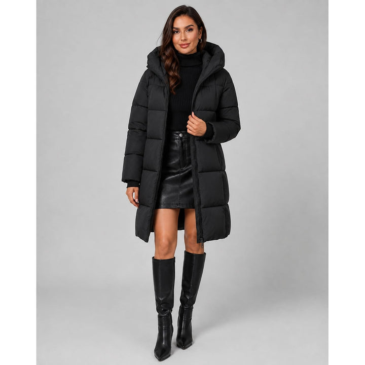 Women's Knee Length Puffer Coat in Black, front view