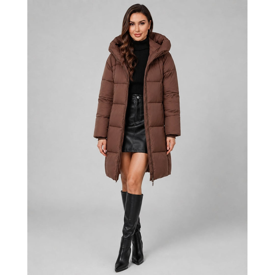 Women's Knee Length Puffer Coat in Brown, front view