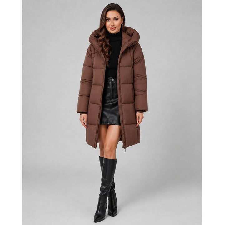 Women's Knee Length Puffer Coat in Brown, front view