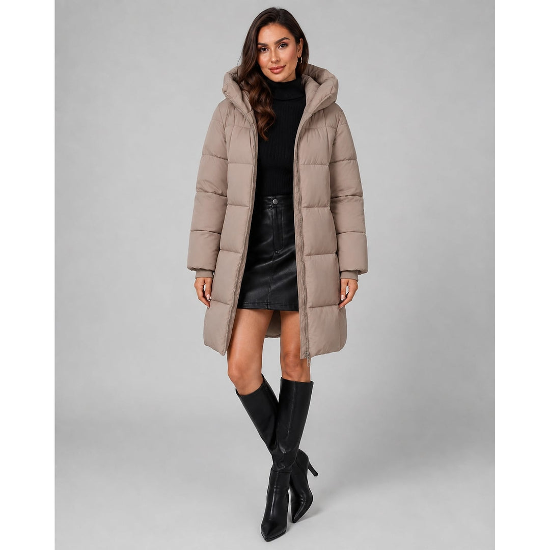 Women's Knee Length Puffer Coat in Khaki, front view