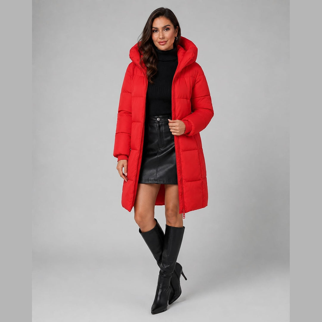 Women's Knee Length Puffer Coat in Red, front view