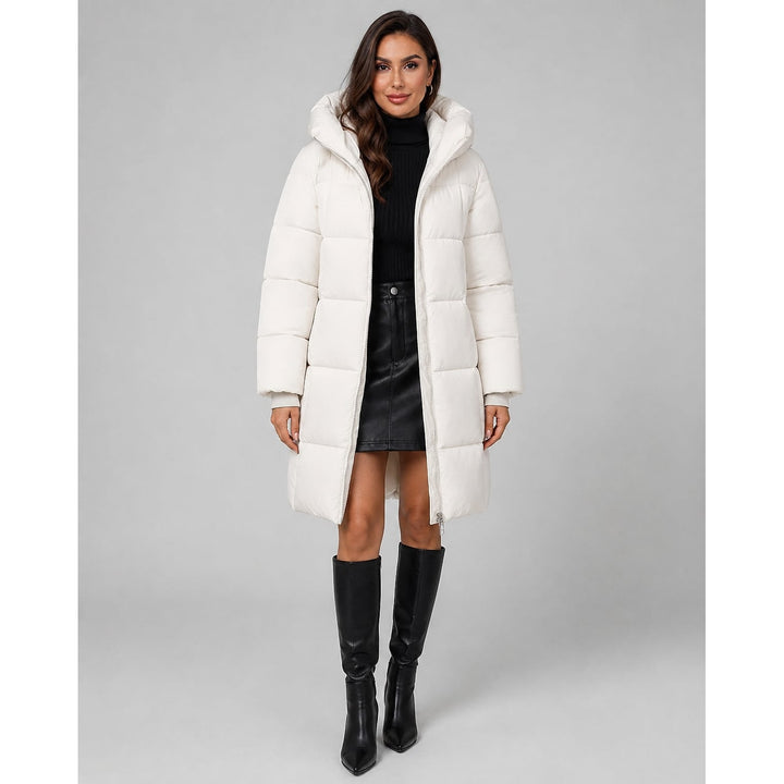 Women's Knee Length Puffer Coat in Off White, front view