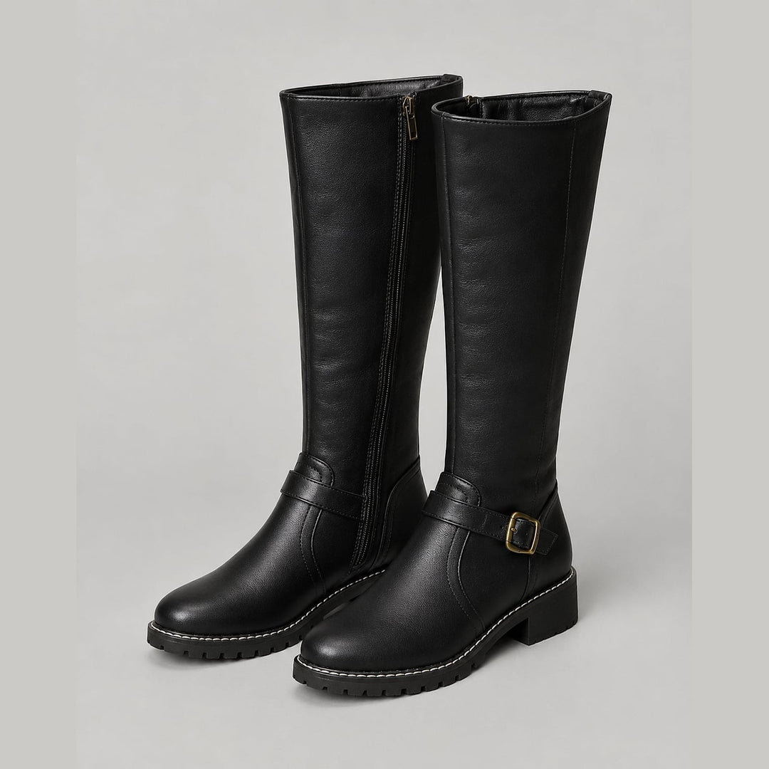Women's Buckle Knee High Boots in Black, front view