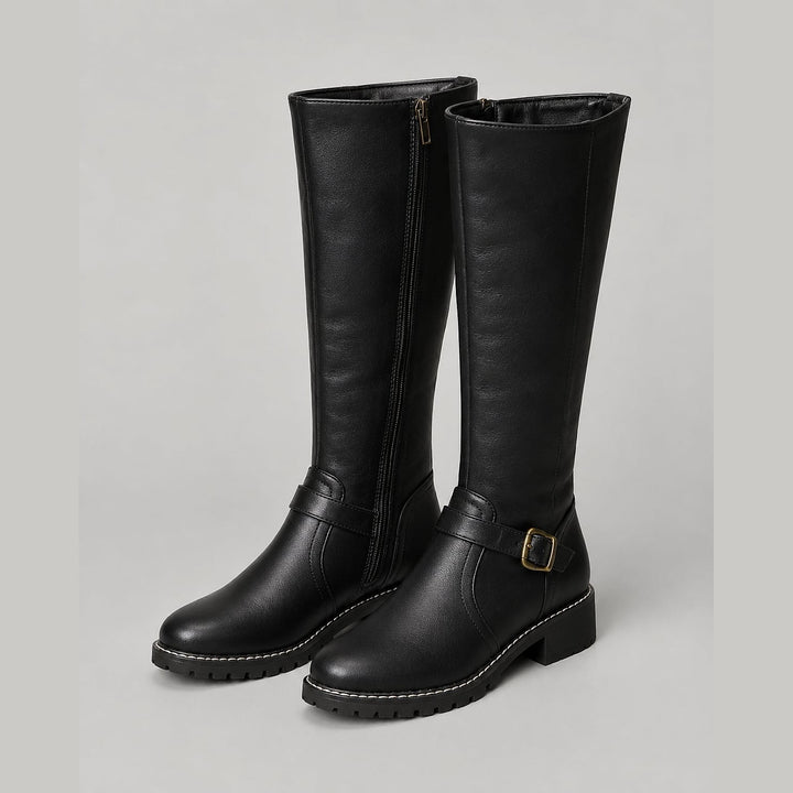 Women's Buckle Knee High Boots in Black, front view