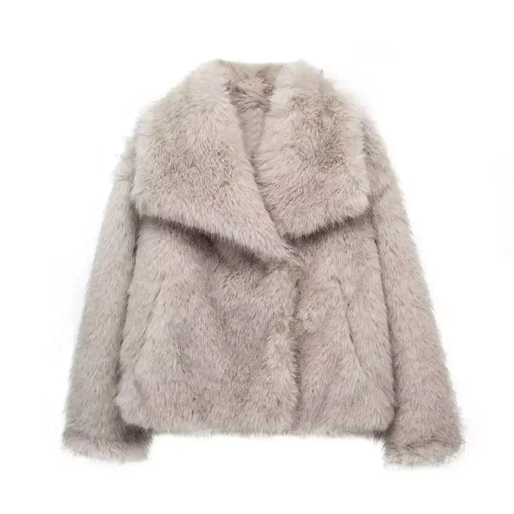 Women's Faux Fur Jacket in Beige Gray, front view