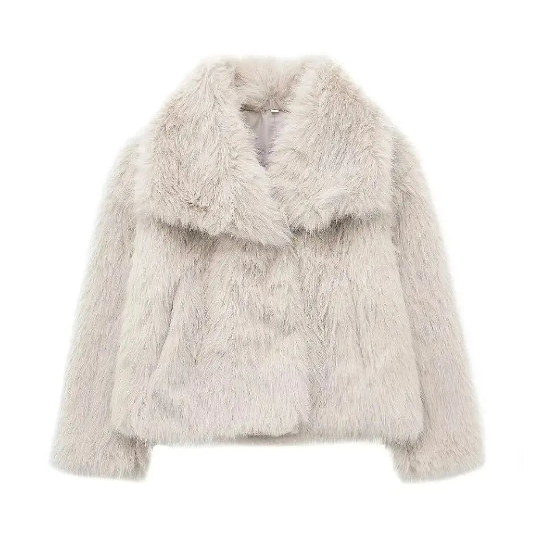 Women's Faux Fur Jacket in Beige White, front view