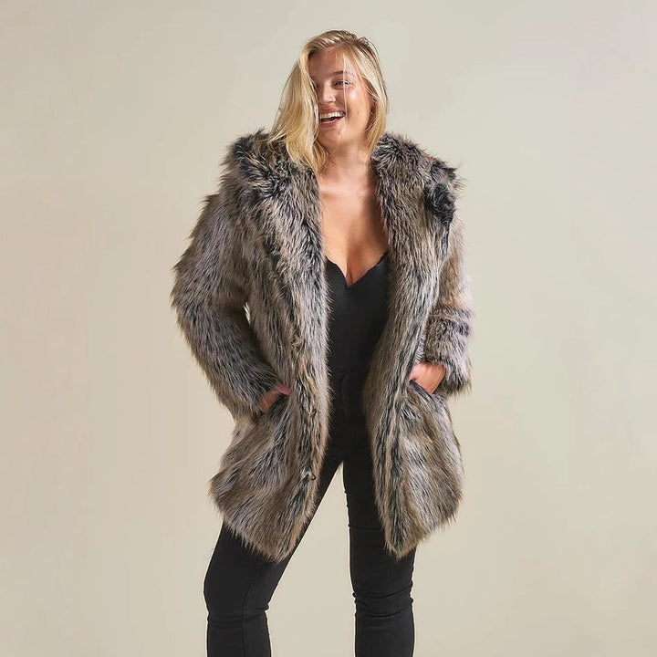 Women's Hooded Faux Fur Coat, front view 3