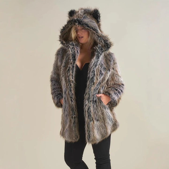 Women's Hooded Faux Fur Coat, front view 4