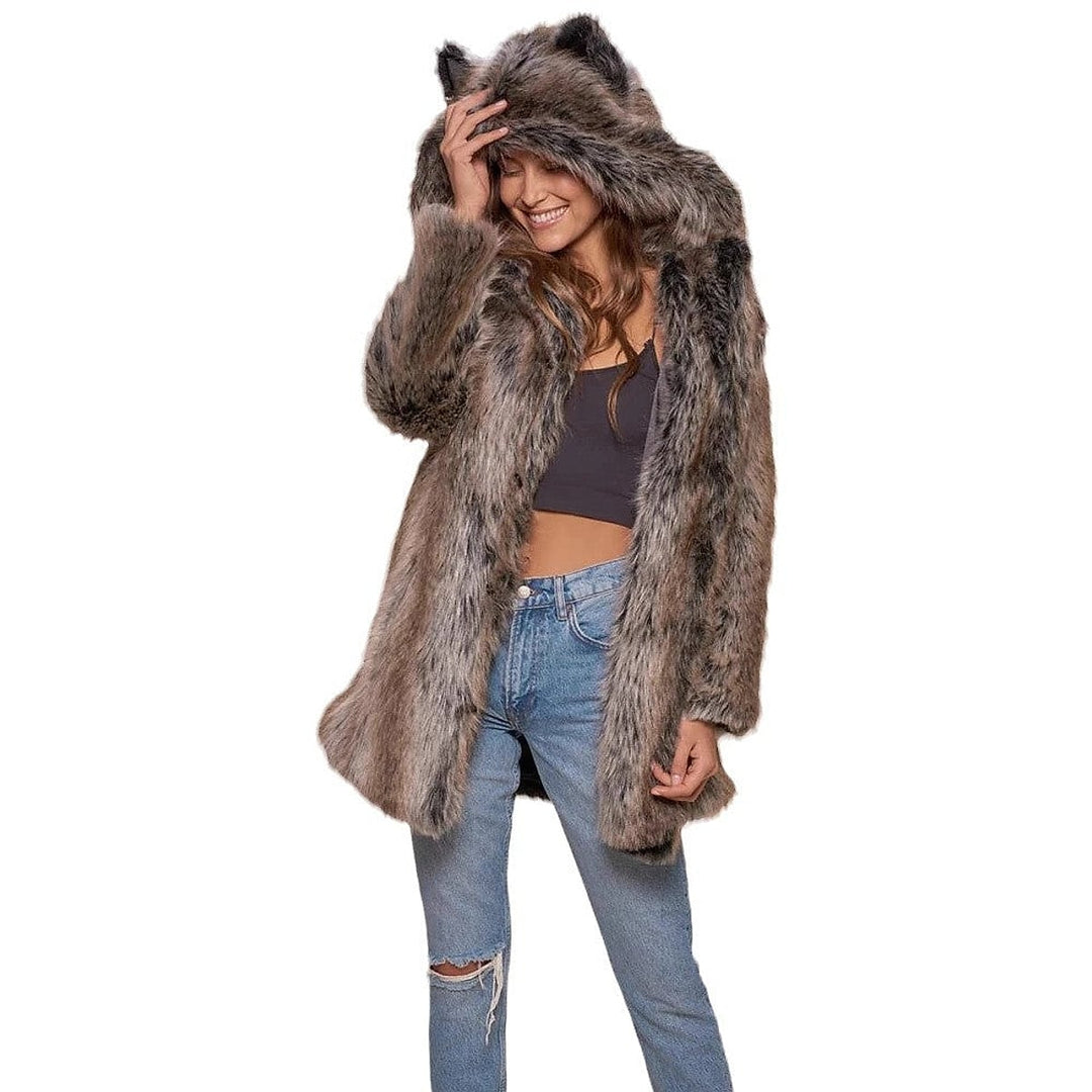 Women's Hooded Faux Fur Coat, front view 5