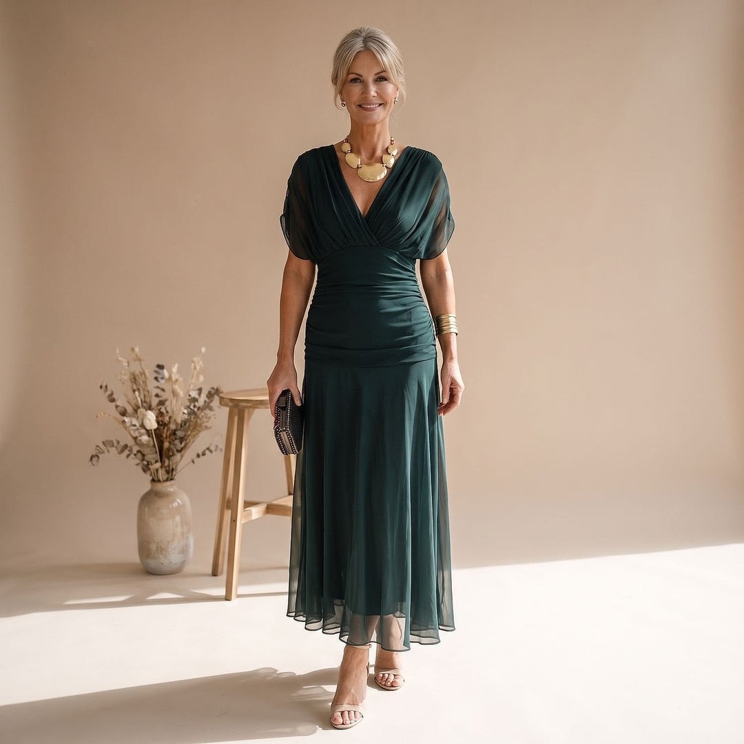 Women's Flutter Sleeve Midi Dress in Dark Green, front view