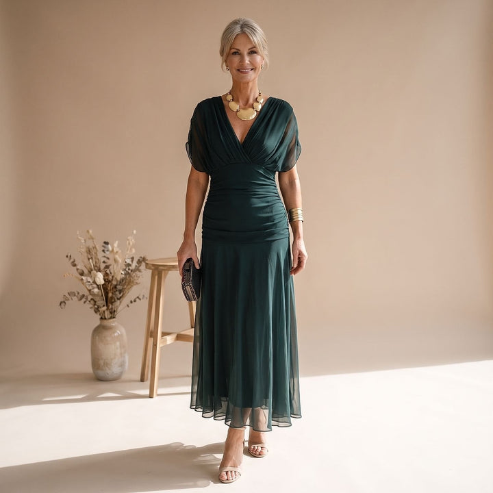 Women's Flutter Sleeve Midi Dress in Dark Green, front view
