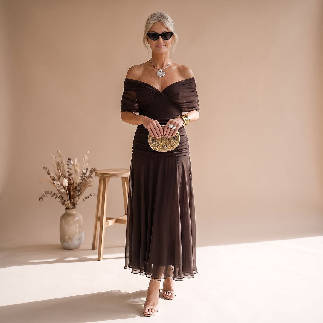 Women's Flutter Sleeve Midi Dress in Brown, front view