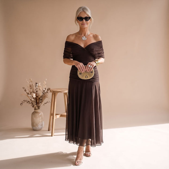 Women's Flutter Sleeve Midi Dress in Brown, front view
