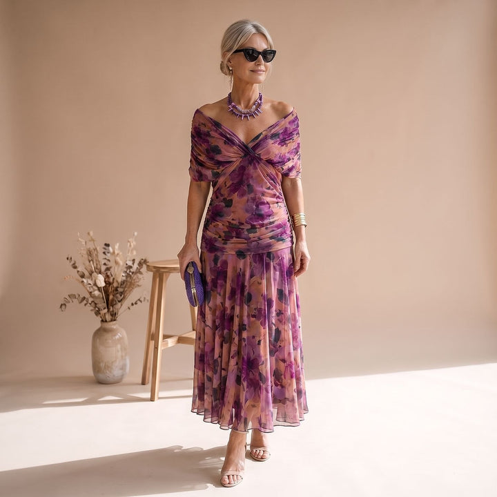 Women's Flutter Sleeve Midi Dress in Purple, front view