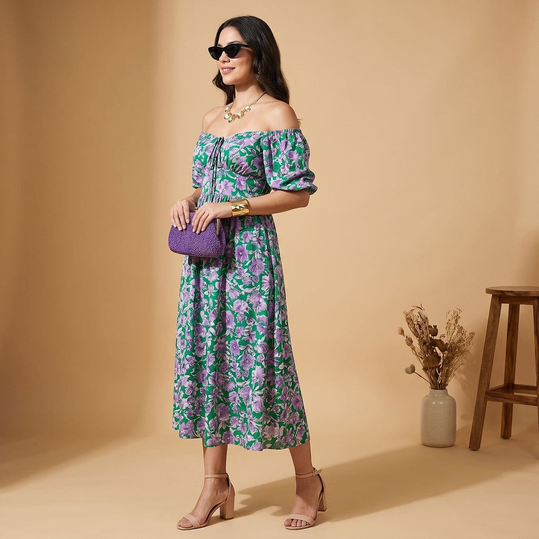Women's Flutter Sleeve Midi Dress in Multicolor, front view
