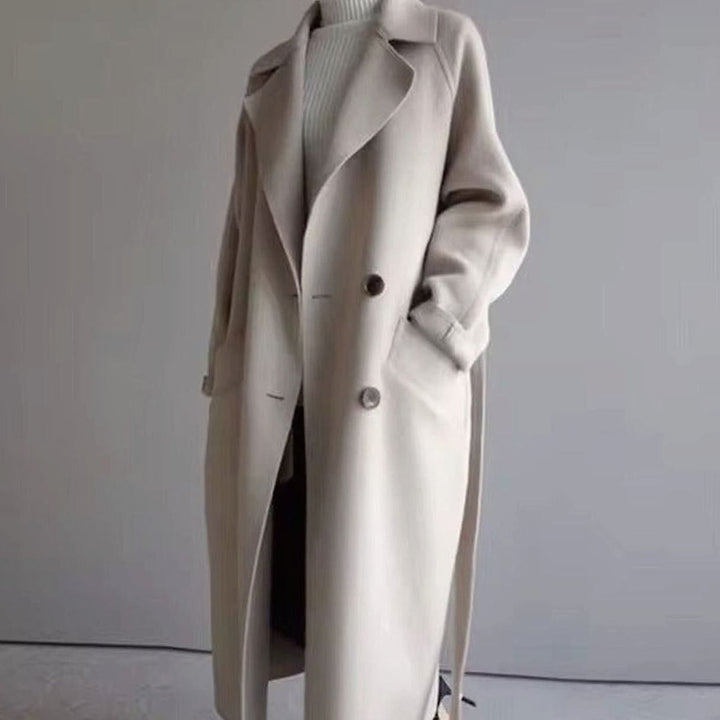 Women's Longline Lapel Coat in Beige, front view