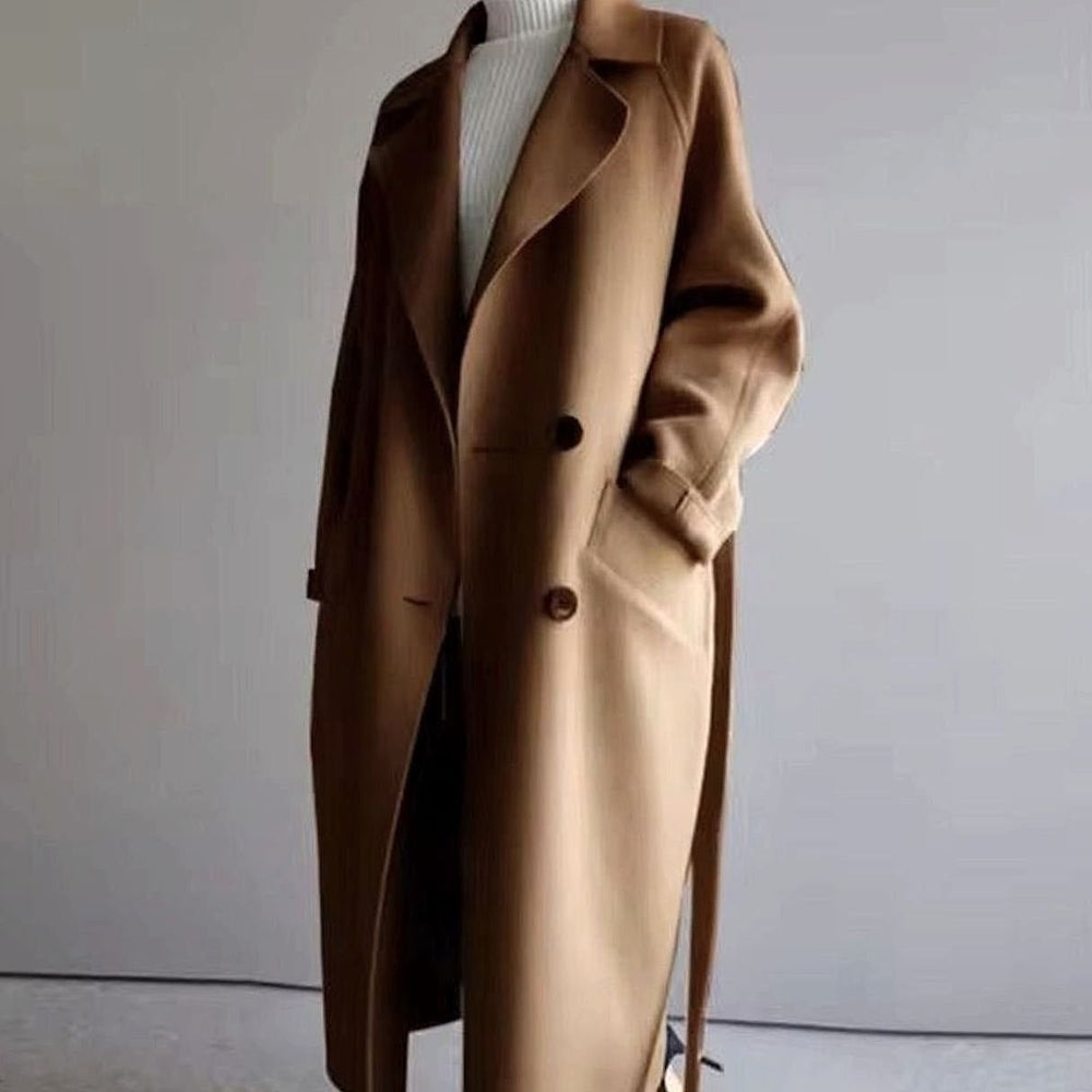 Women's Longline Lapel Coat in Camel, front view