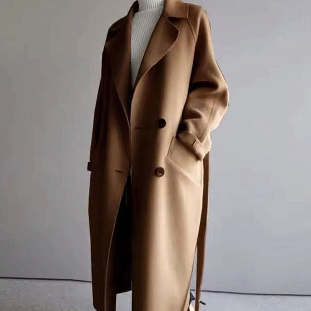 Women's Longline Lapel Coat in Camel, front view