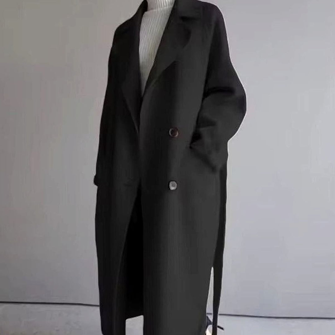 Women's Longline Lapel Coat in Black, front view