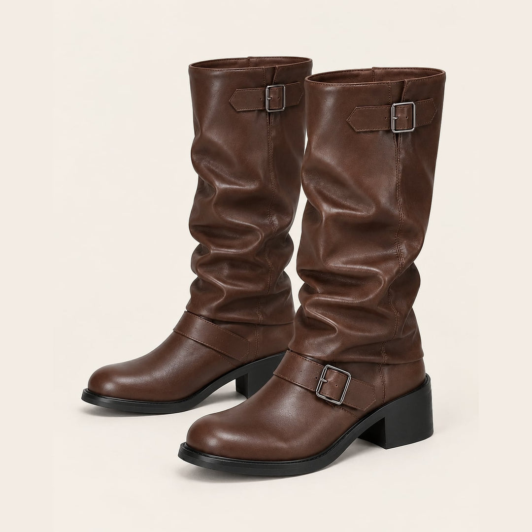 Women's Slouch Biker Boots in Brown, front view