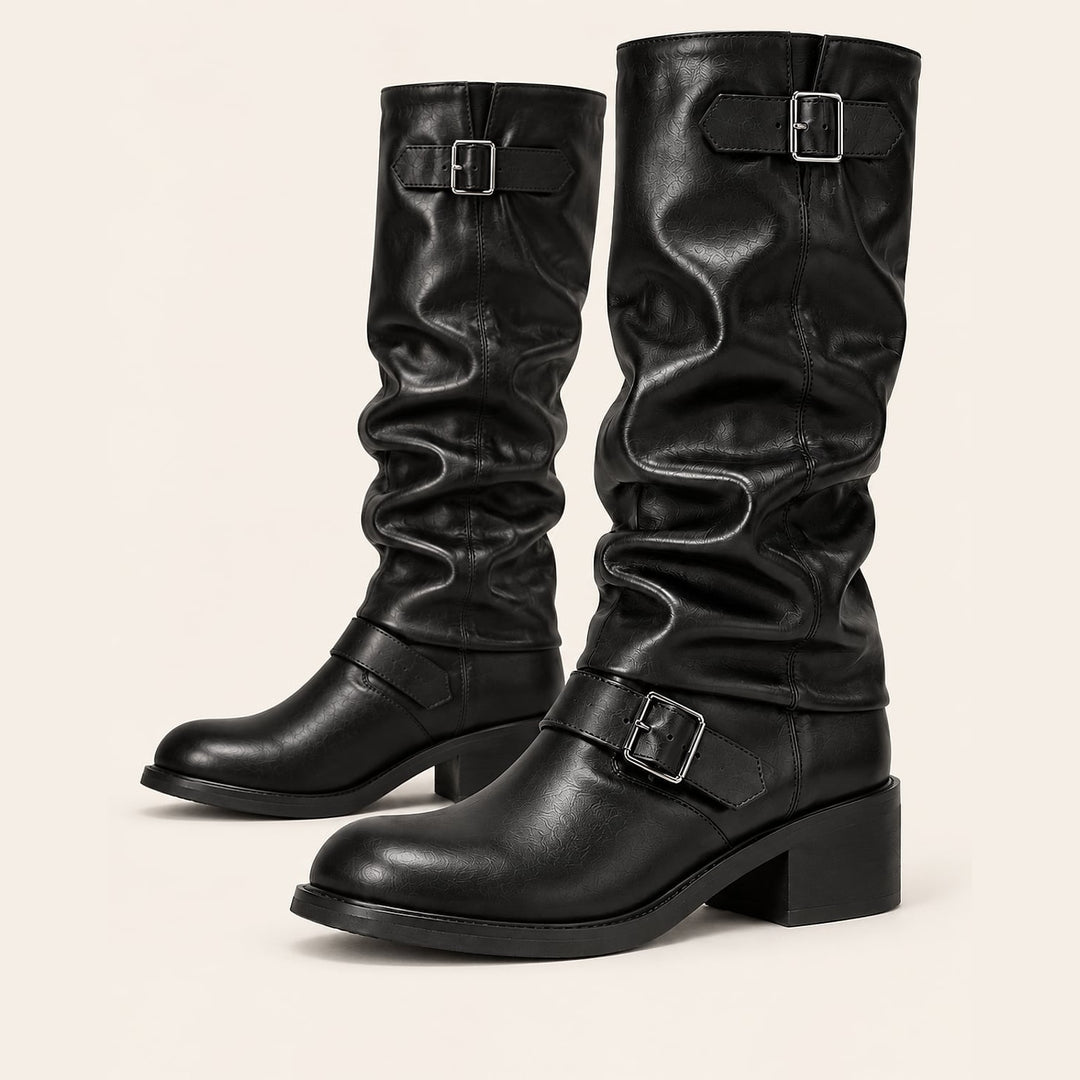 Women's Slouch Biker Boots in Black, front view