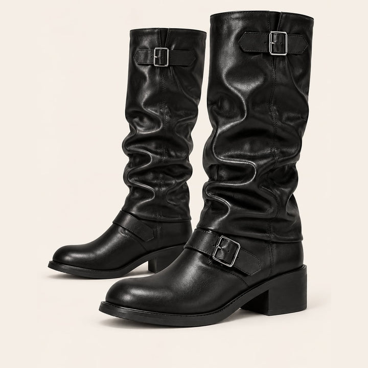 Women's Slouch Biker Boots in Black, front view
