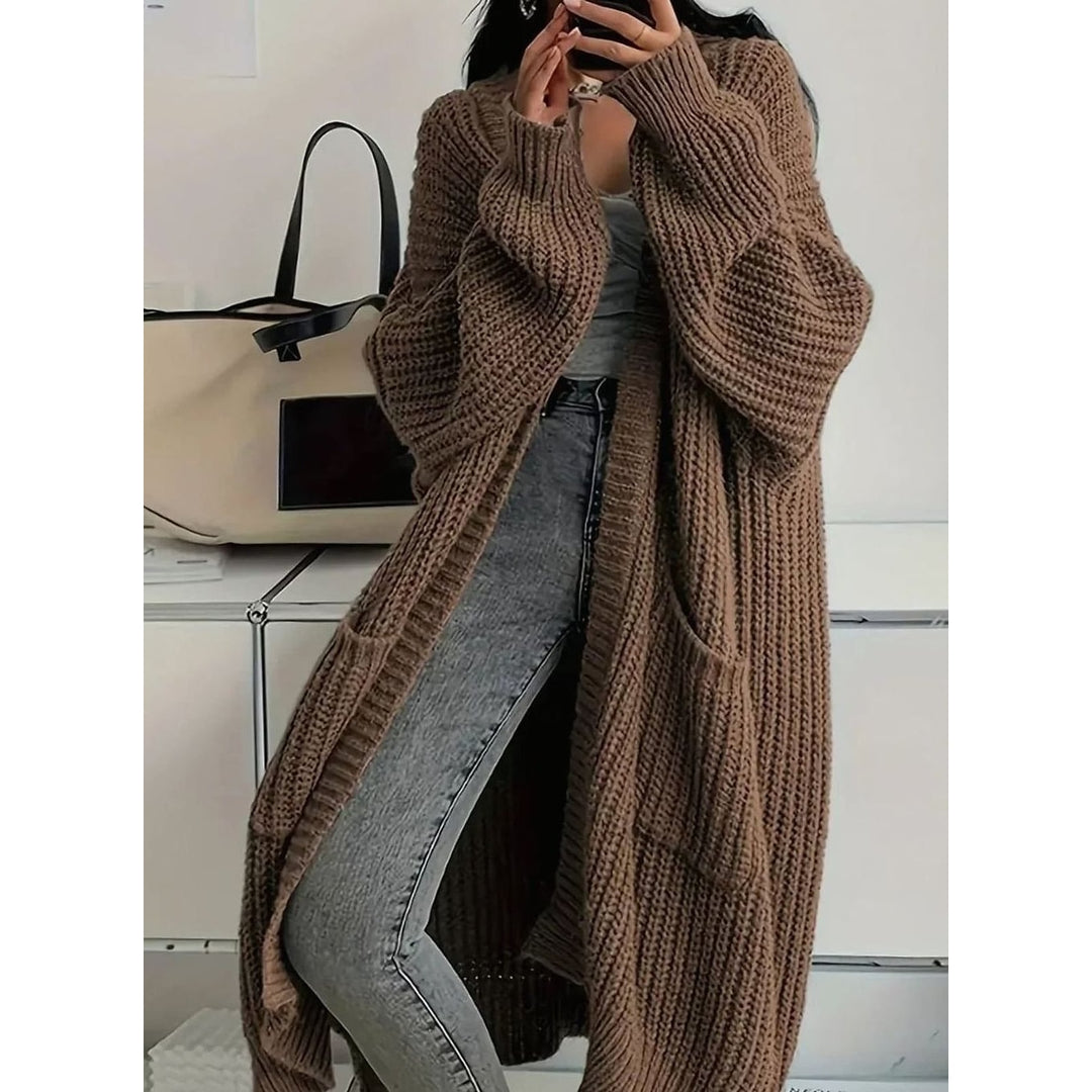 Women's Long Chunky Cardigan in Brown, front view